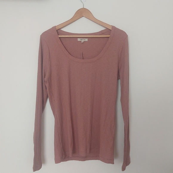 NWT Madewell Pointelle Square-Scoop Tee Rose Pink Ribbed Knit Long Sleeve XLarge - Picture 3 of 6